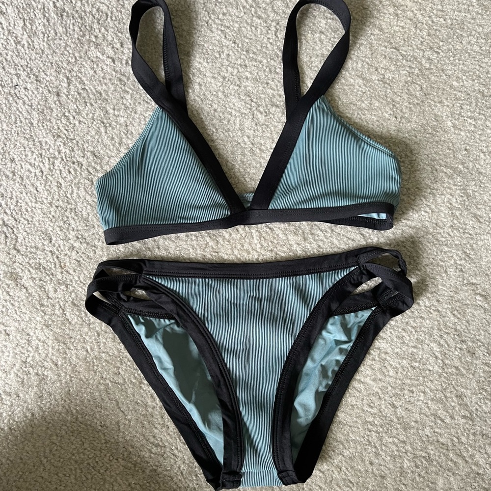 L*Space Teal and Black Ribbed Bikini Top and Bottom